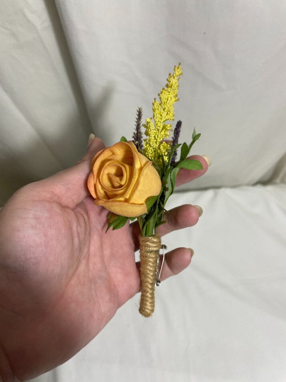 Yellow Orange Rose Boutonniere Artificial Flower Rustic Twine Wedding Pin